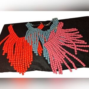3 BUNDLE Wooden BEAD BIB Style Necklaces Exotic Bohemian Hippie TEAL RED BERRY